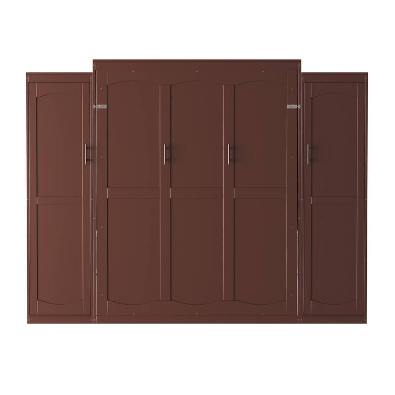 Wooden Murphy Bed Wall Bed with 2 Bulit-in Wardrobes, Full/Queen Size Foldable Murphy Cabinet Bed with Storage Shelves