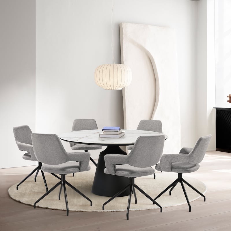 Knox Penny 7 Piece Dining Set with Stone Top and Upholstered Swivel Chairs - Grey
