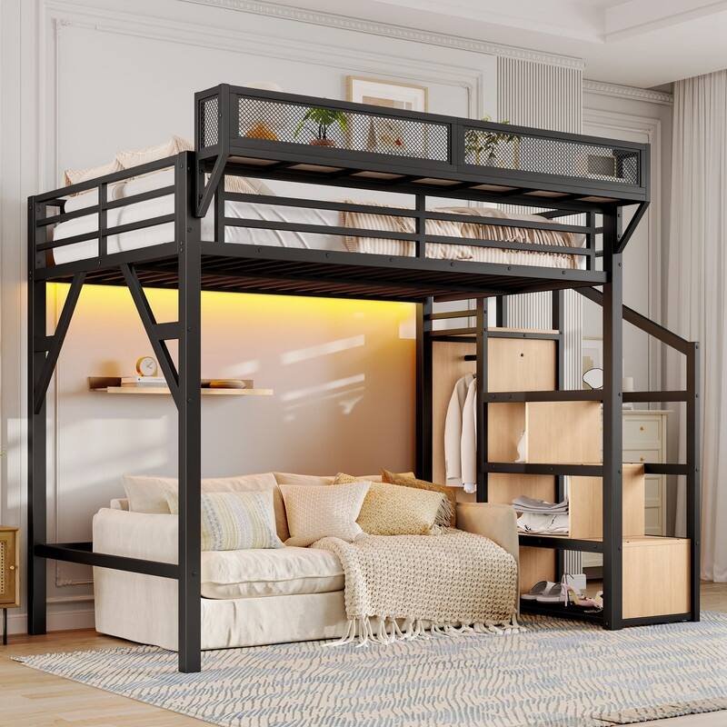 Twin XL / Full Size Loft Bed with Storage Stairs and Open Wardrobe, Metal Kids Bed Frame with USB Ports and LED Lights
