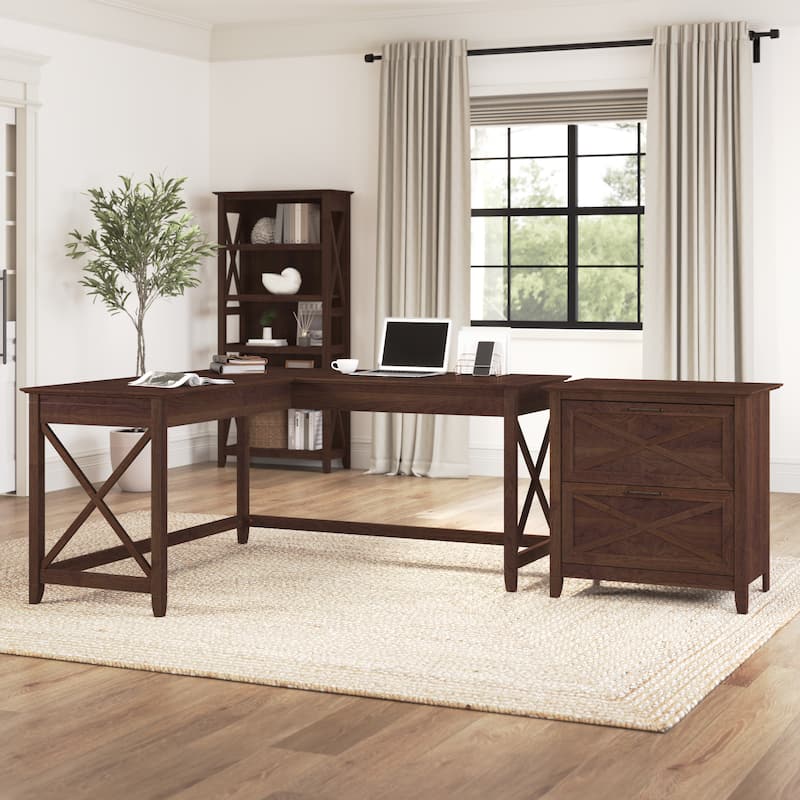 Key West 60W L Desk with 2 Drawer File Cabinet by Bush Furniture - Bing Cherry