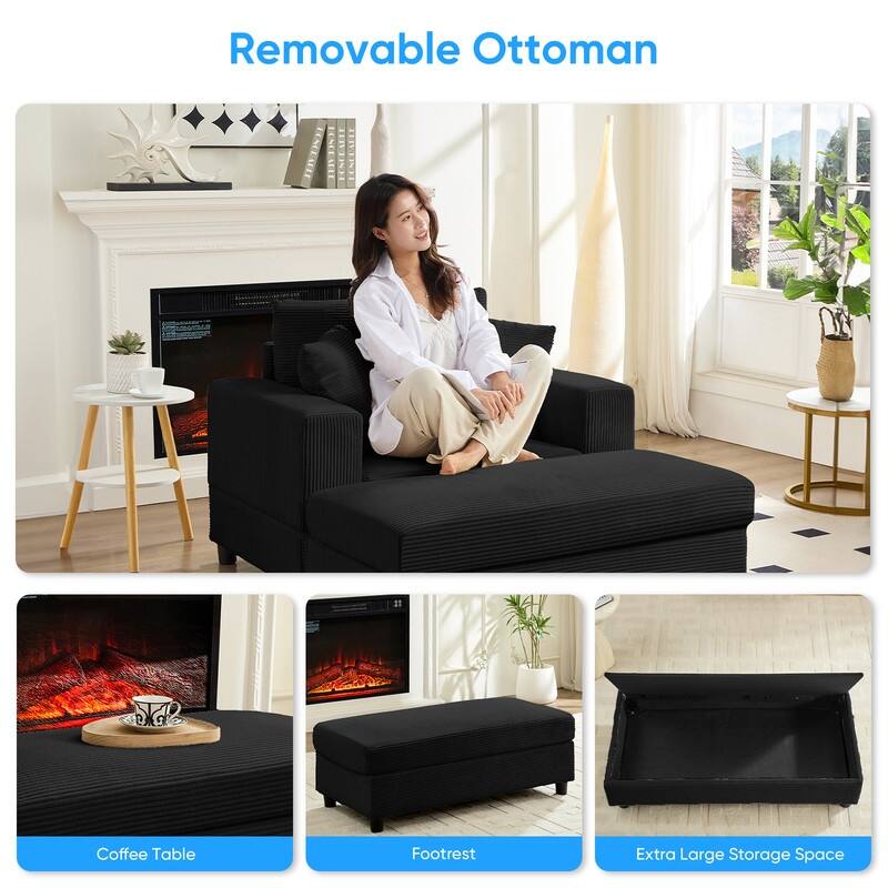 Mixoy Corduroy Chaise Lounge Deep Seat Sleeper Sofa Chair with Storage Ottoman,Upholstered 1-Seater/Loveseat Sofa Couch