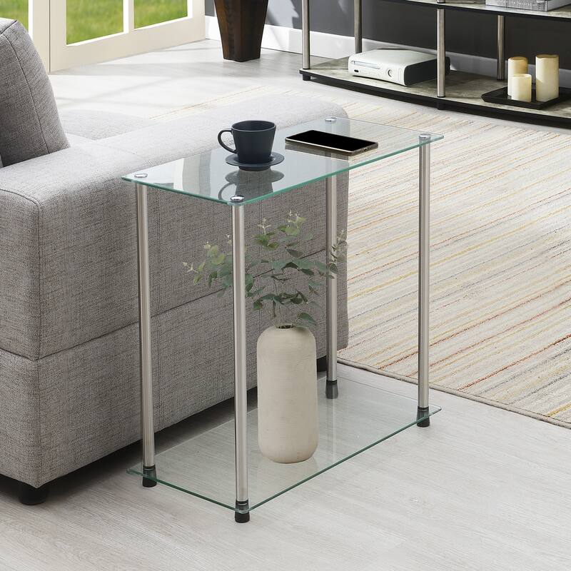 Glass 2 Tier Chairside End Table, Sleek Narrow Side Table with Clear Glass Shelves and Sturdy Stainless Steel Legs - 24