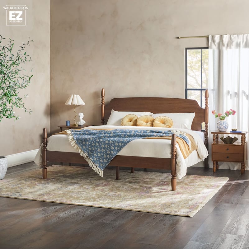 Walker Edison Easy Assembly Solid Wood King Bed with Wood-Turning Detail