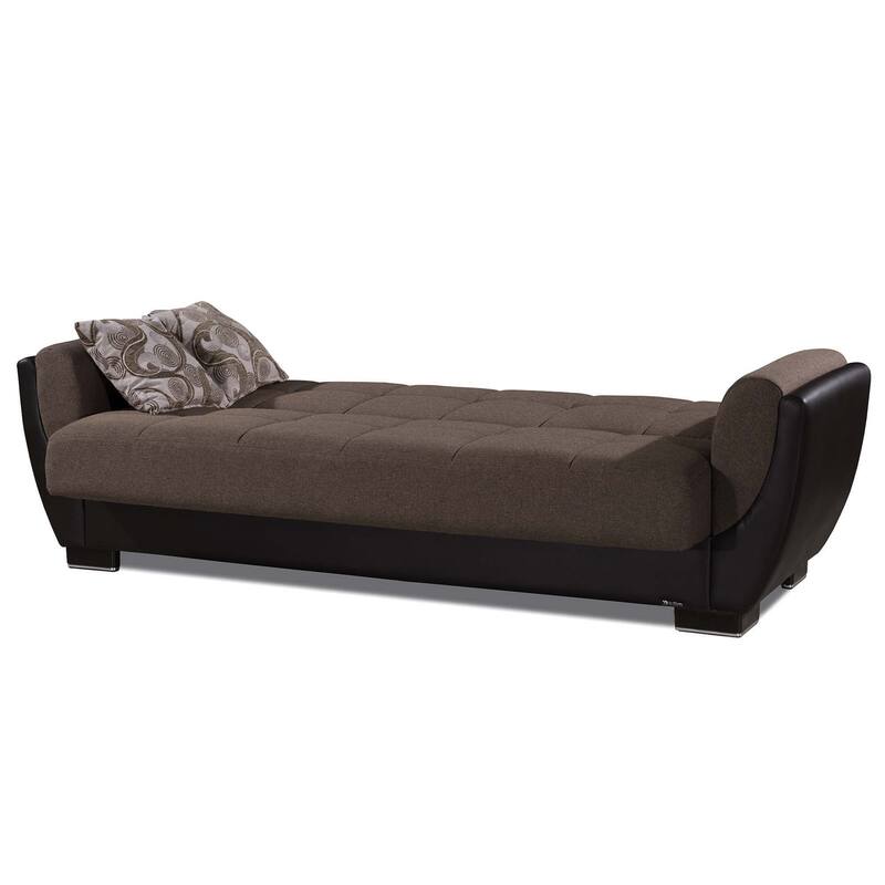 HomeRoots 93" Brown Chenille And Faux Leather Convertible Futon Sleeper Sofa And Toss Pillows With Storage