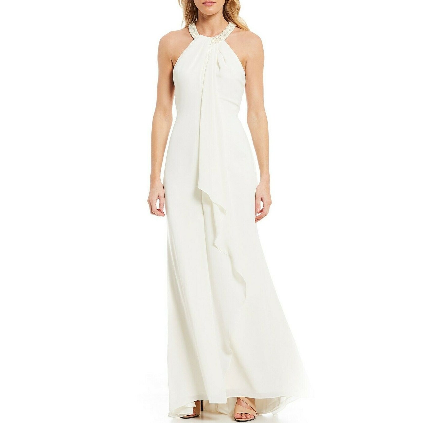 calvin klein embellished ruffled gown