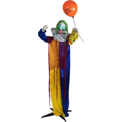Haunted Hill Farm Life-Size Animatronic Clown with Lights and Sound, Indoor or Covered Outdoor Halloween Decoration
