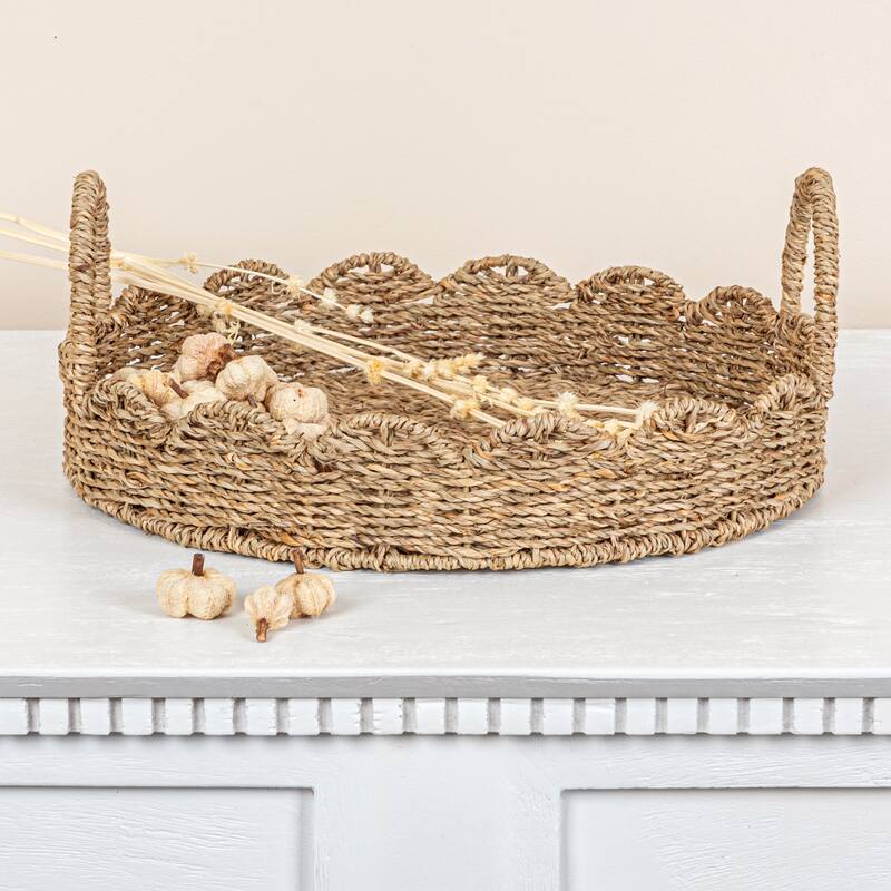 Handwoven Tray with Scalloped Edge and Handles - Round - Natural
