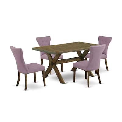 HomeStock 5-Piece Rectangle Distressed Jacobean Finish Solid Wood Top Dining Table with 4 Upholstered-Chairs with Lattice Back
