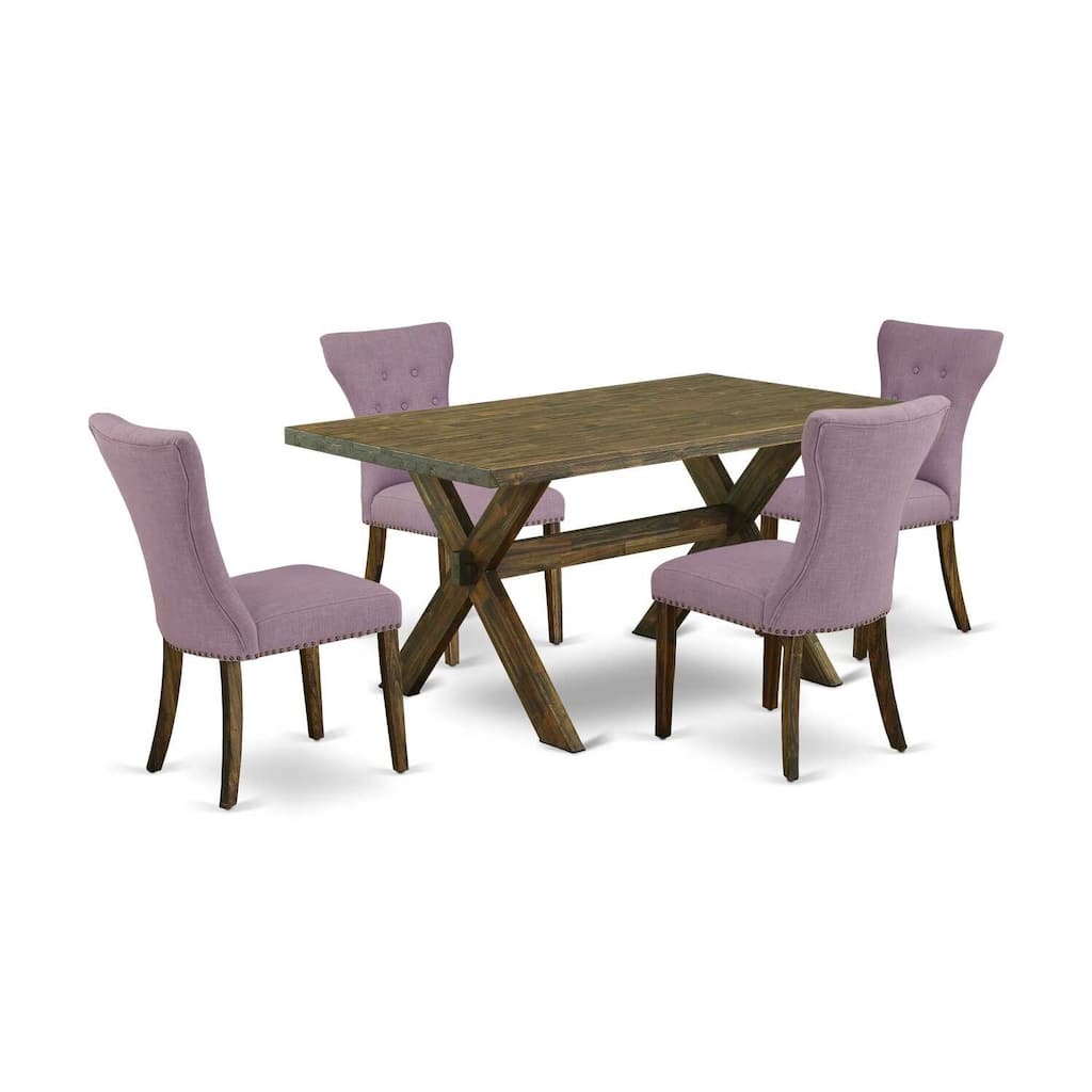HomeStock 5-Piece Rectangle Distressed Jacobean Finish Solid Wood Top Dining Table with 4 Upholstered-Chairs with Lattice Back
