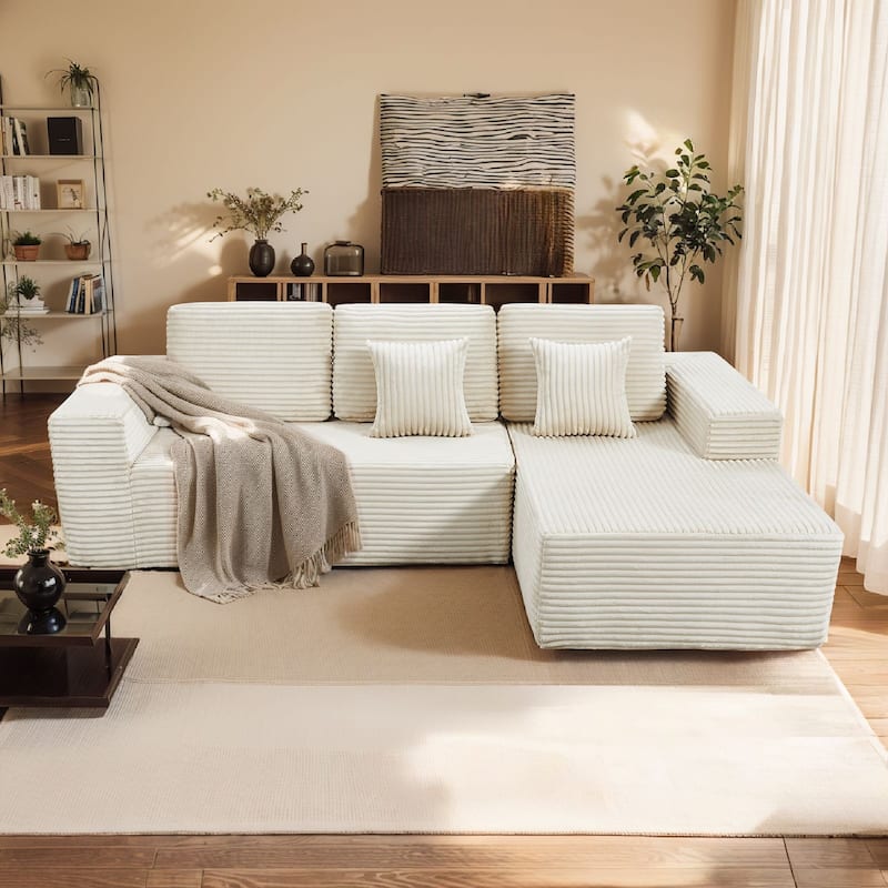 Pocassy L-Shape Loveseat Sofa Couch Living Room Futon Couch - 1 Set - Right Armrest & Beige Color - 2 Piece