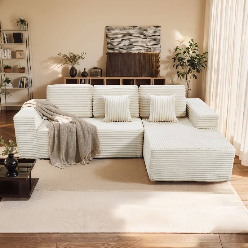 Pocassy L-Shape Sectional Sofa Sofa Couch Living Room Futon Couch - Right Armrest & Beige Color - 1 Set