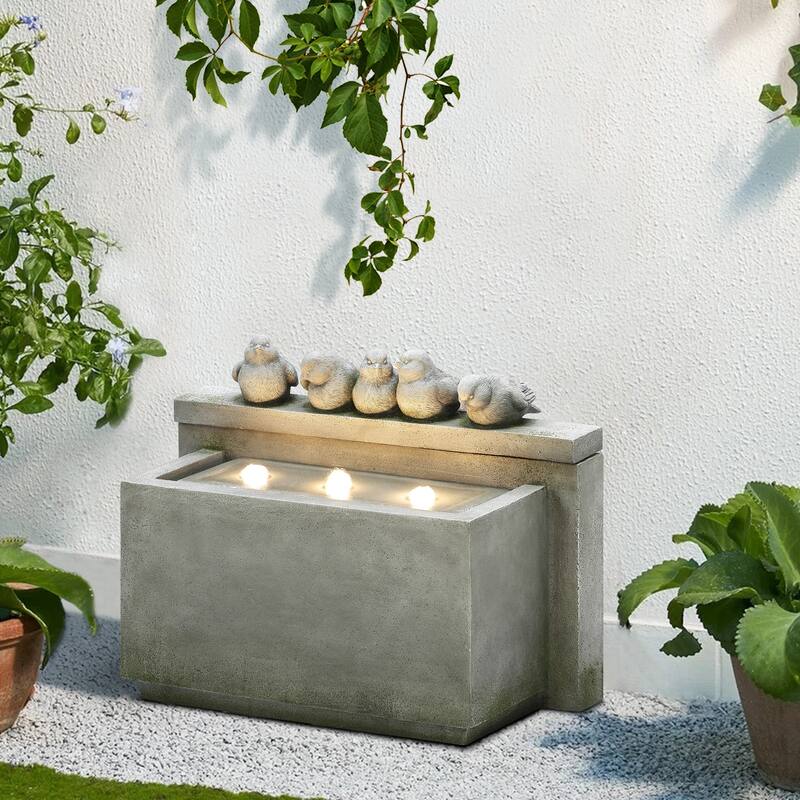 Gray Resin Rectangular Birds Outdoor Fountain with Lights