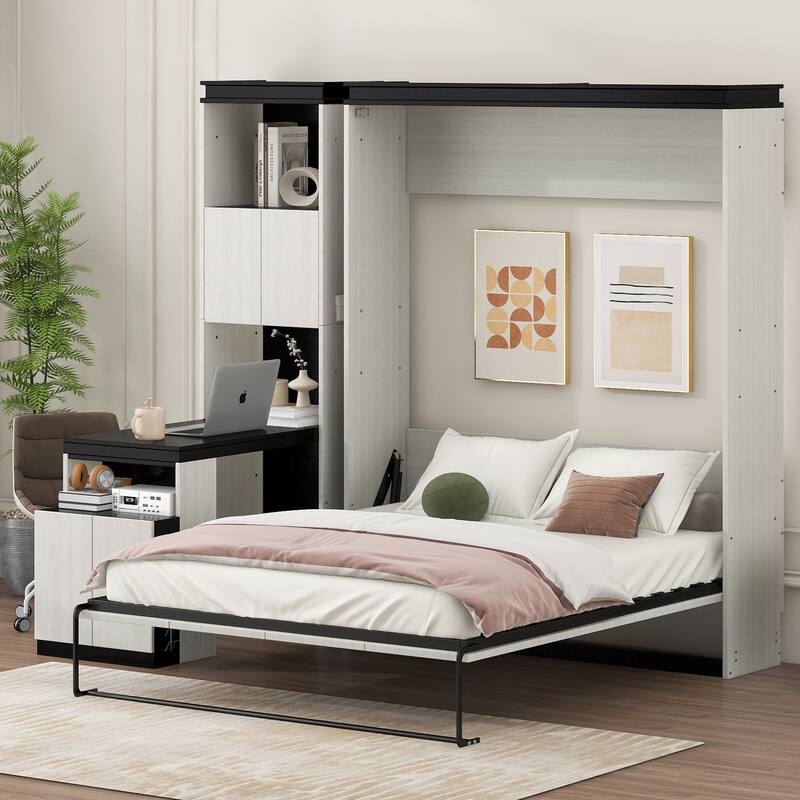 Full Size Murphy Bed with Foldable Desk, Storage Shelves, and Cabinets, Black & White, Space-Saving Design - Black White