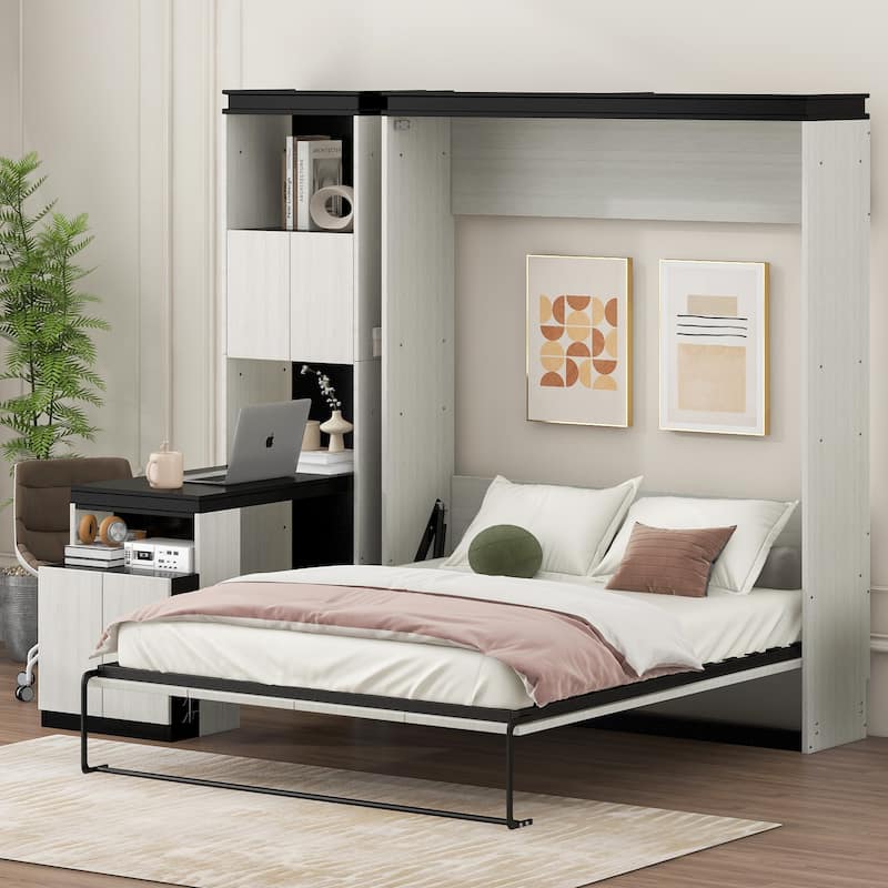 Roomfitters Full Murphy Bed with Desk, Cabinets and Built-in Storage Shelves for Home Office, White+Black - White+Black - Full
