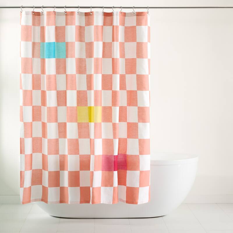 TOWN & COUNTRY PLAY Betty Bold Checkerboard Cotton-Rich Breathable Fabric Shower Curtain with Anti-Rust Grommets - Peach/White/Yellow - 70"x72"