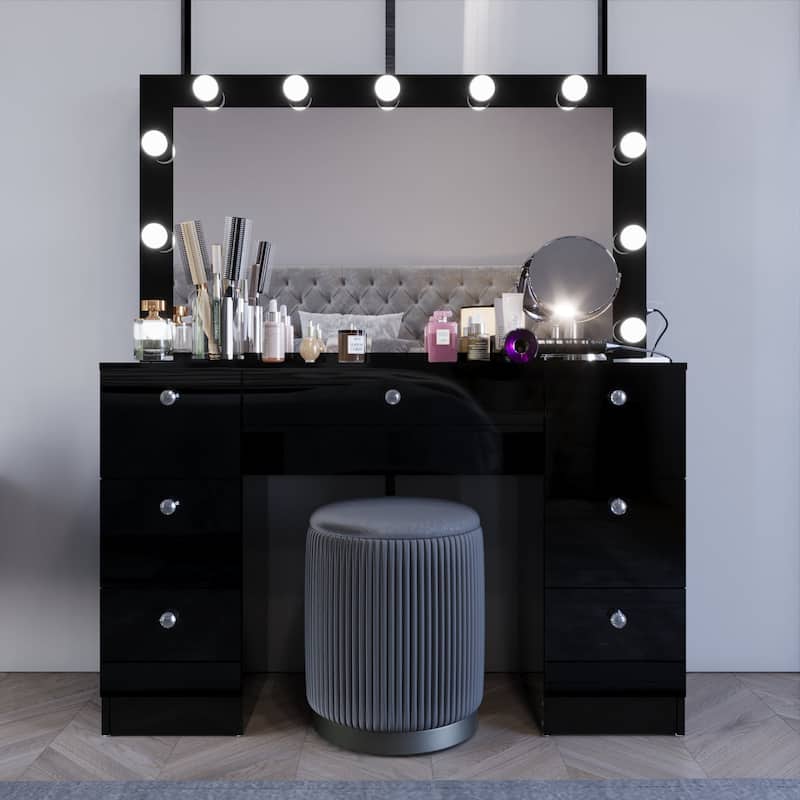 Boahaus Vanity Desk Glass Top with 7 Drawers & Lights Crystal knobs - Black