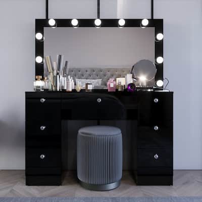 Boahaus Vanity Desk Glass Top with 7 Drawers & Lights Crystal knobs