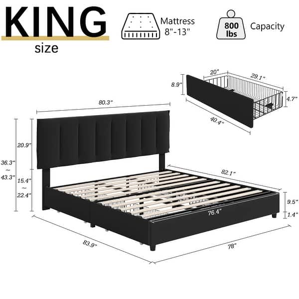 dimension image slide 11 of 17, Javlergo Bed Frame with Storage Drawers Upholstered Platform Bed Frame with Adjustable Headboard
