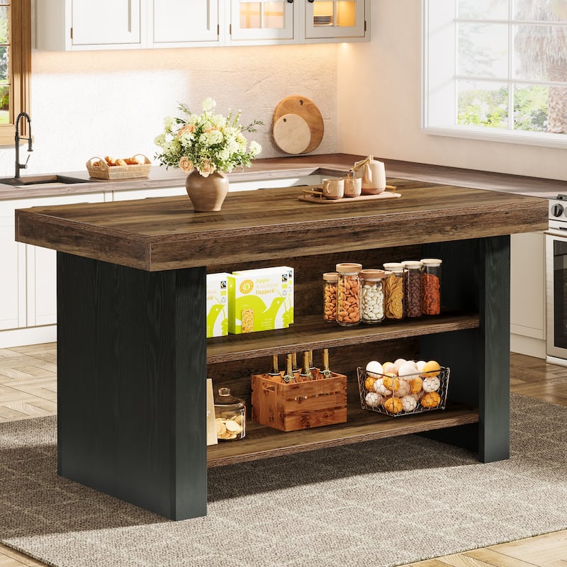 55-Inch Farmhouse Kitchen Island , Center Island Table with Storage