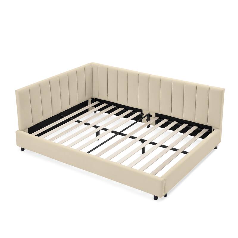 Roomfitters Full Upholstered Tufted Bed Frame with Backrest and Armrests, Velvet Sofa Bed for Bedroom or Living Room