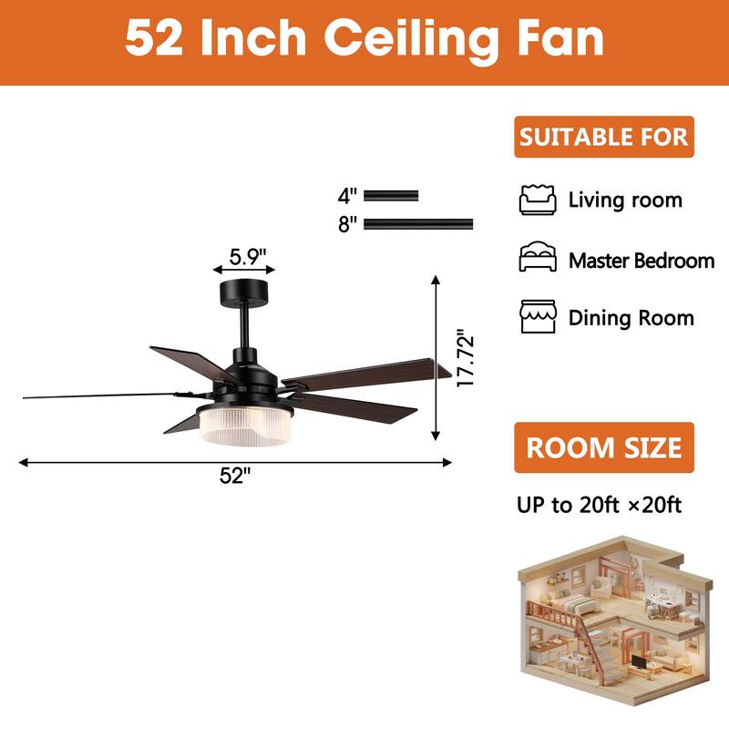 52" Modern Black Reversible 5 Blades Dimmable LED Ceiling Fan with Light and Remote