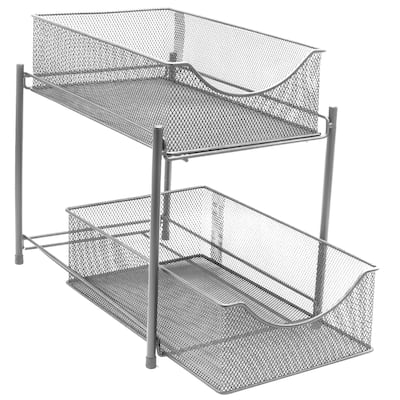 2 Tier Organizer Baskets with Mesh Sliding Made of Steel (Silver)