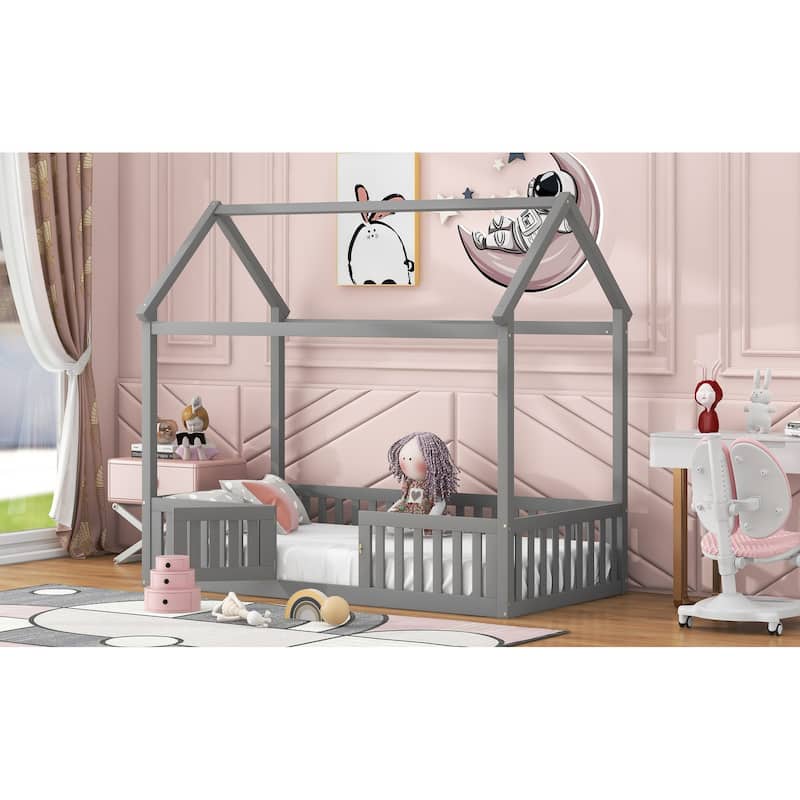 Gray Twin Pine House Bed with Fence and Door