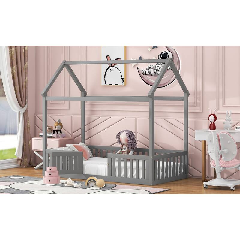 Twin Size Gray Wooden House Bed with Fence and Door for Kids