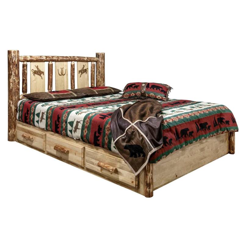 King Platform Bed with Storage & Bronc Design - Rustic Bed Frame