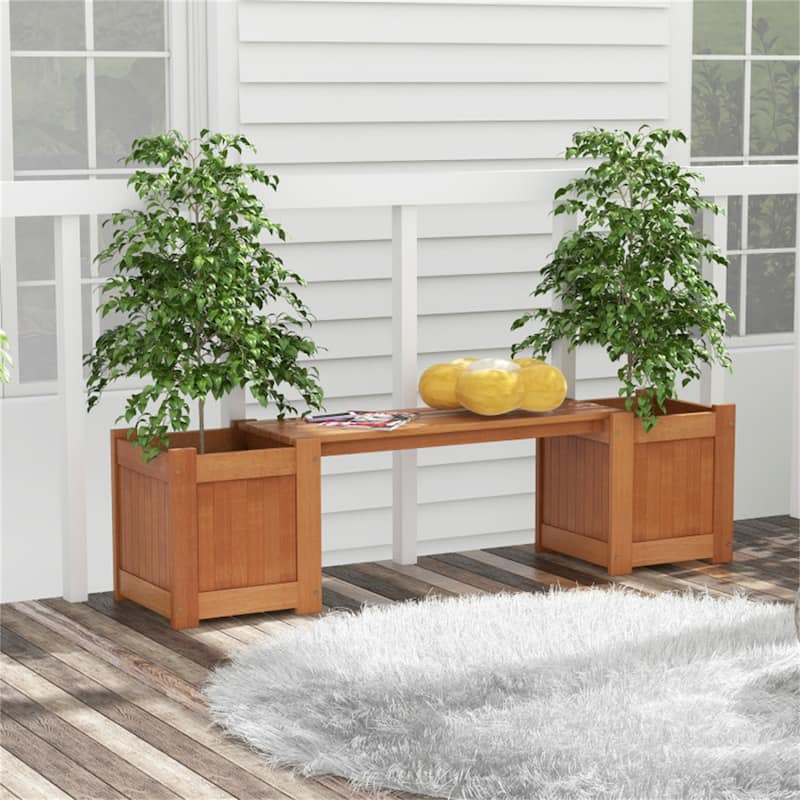 Wooden Garden Bench with Planter Boxes Outdoor Patio Seating for Yard Porch and Deck - 68" L x 16" W x 18" H