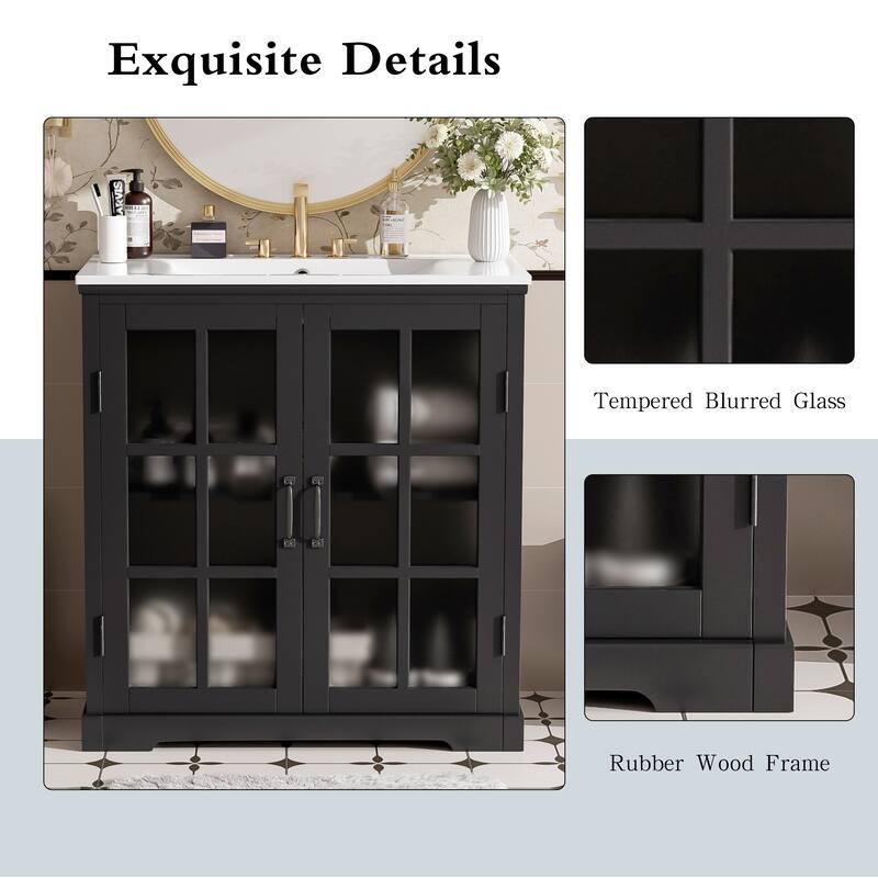 30"Bathroom Vanity with Ceramic Sink, Tempered Blurred Glass and Matte Black Handles, Large Storage Space and Rubber Wood Frame