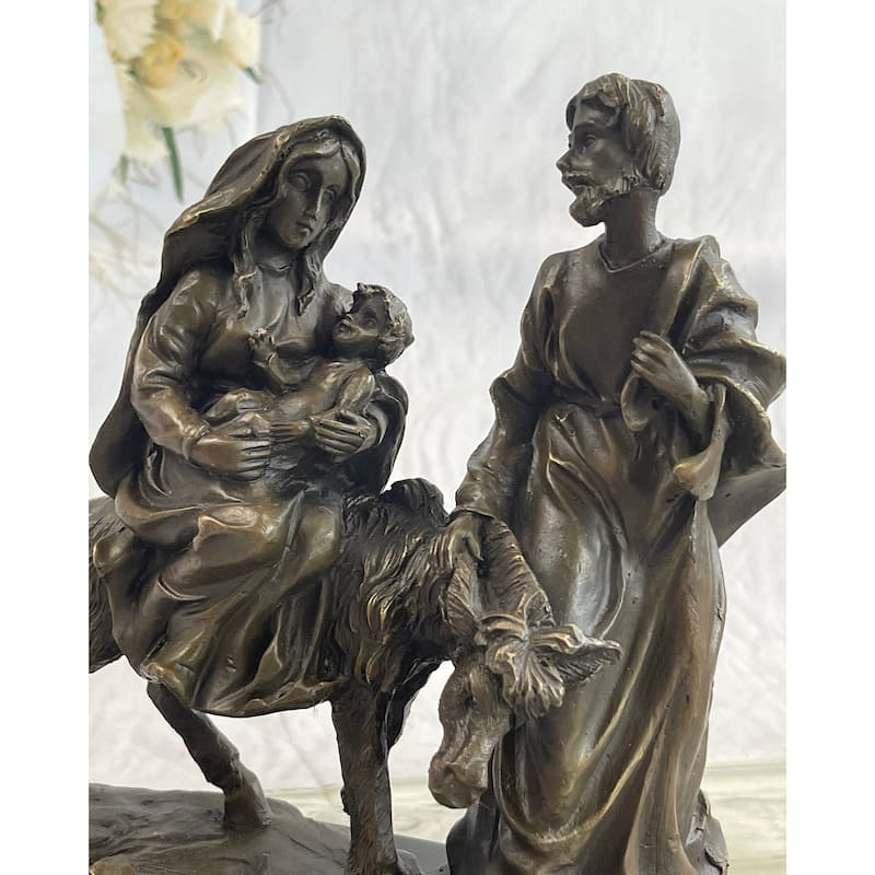 Original Signed Flight Into Egypt Biblical Event Holly Family Bronze Sculpture