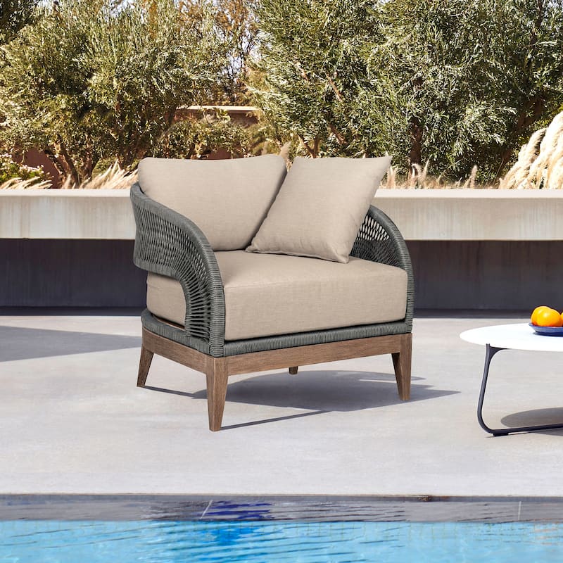 Orbit Outdoor Patio Chair in Weathered Eucalyptus Wood with Gray Rope and Taupe Olefin Cushions