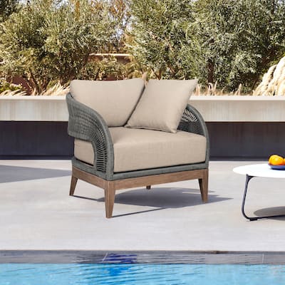 Orbit Outdoor Patio Chair in Weathered Eucalyptus Wood with Gray Rope and Taupe Olefin Cushions
