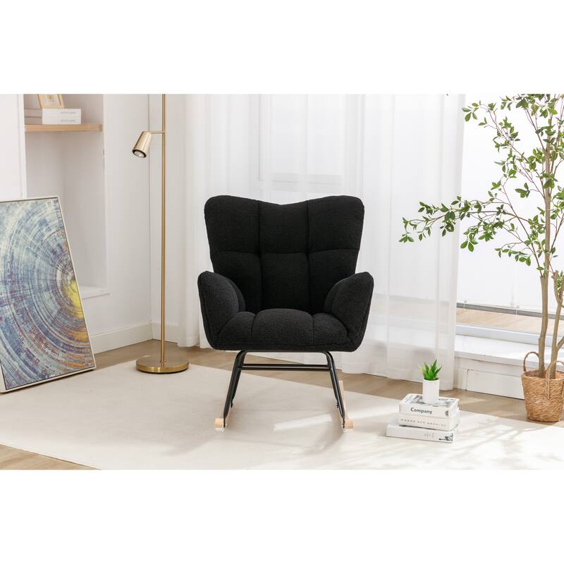 Teddy Fabric Upholstered Glider Rocker, Reading Chair with Thick Padded Seat, High Backrest Armchair with Wooden Legs