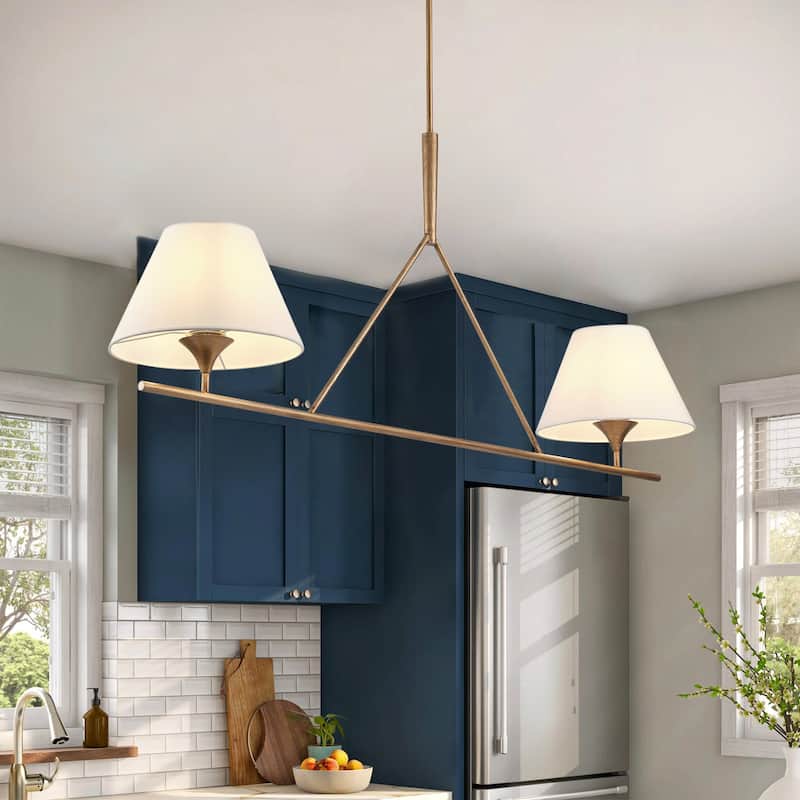 Farmhouse 2-Light Linear Kitchen Island Chandelier with White Fabric Lampshades