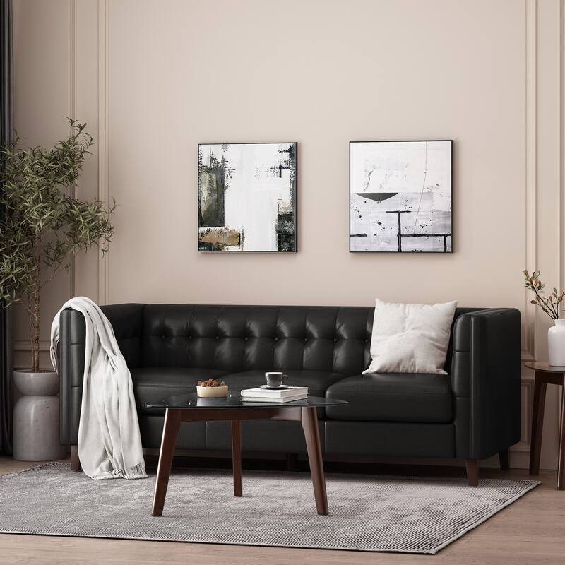 3-Seat Sofa with Tufted Back, Smooth Upholstery, Birch Legs