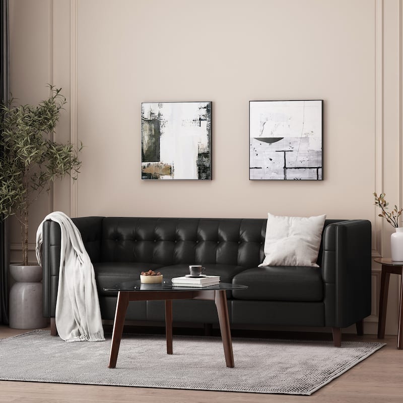 75.50" Faux Leather Sofa Couch with Wood Legs, Apartment Loveseat, Retro Upholstered Sofa for Living Room