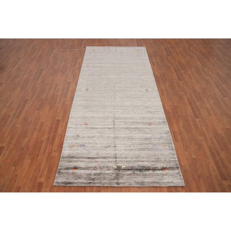 Hand Knotted Oriental Viscose Silk Carpet Tribal Animal Pictorial Greys & Charcoal Gabbeh Area Rug - 11' 8'' X 4' 11''