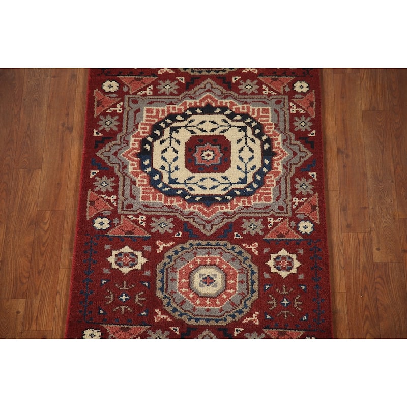 Red Geometric Kazak Indian Runner Rug Hand-Knotted Wool Carpet - 2'6"x 8'1"