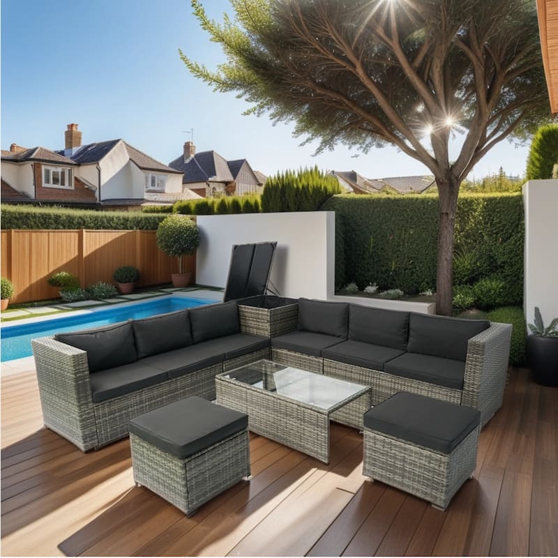 8 Piece Patio Sectional Wicker Rattan Outdoor Furniture Sofa Set with O Storage Box