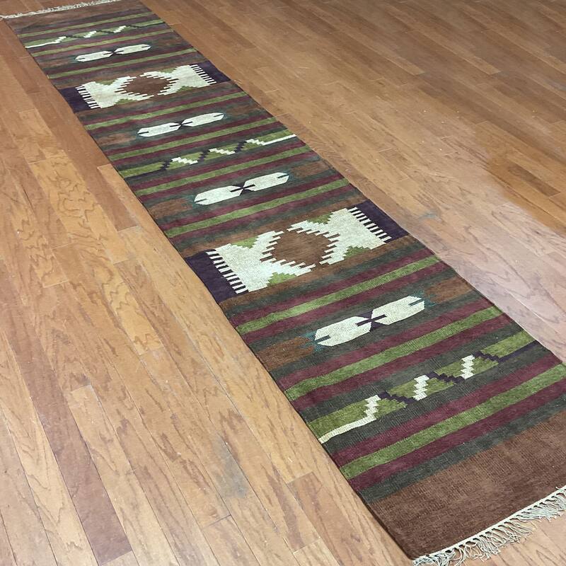 HERAT ORIENTAL Handmade 2'6 x 12' Chenille Geometric Kilim Runner - 2'6" x 12'1"
