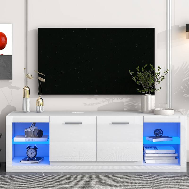TV Stand 2 Tempered Glass Shelves Entertainment Center Bed Bath & Beyond 39520795