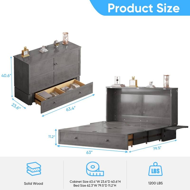 Mixoy Queen Murphy Bed Chest with Charging Station and Storage Drawer,No Mattress