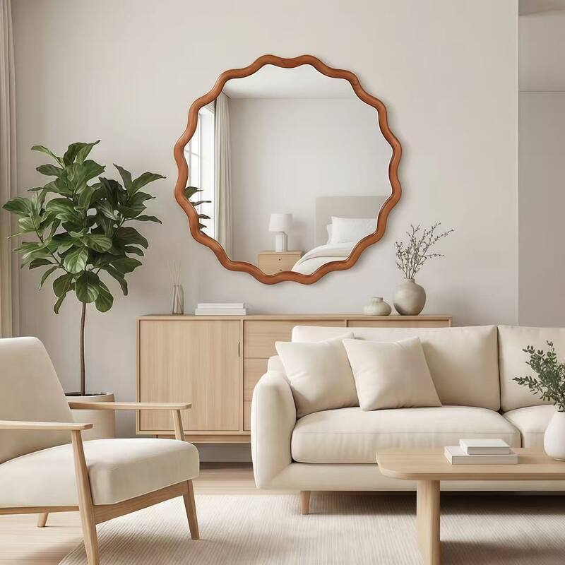 24 inch Wavy Round Solid Wood Frame Decorative Mirror,For Bedroom, Bathroom, Living Room, Entryway - Yellowish-Brown