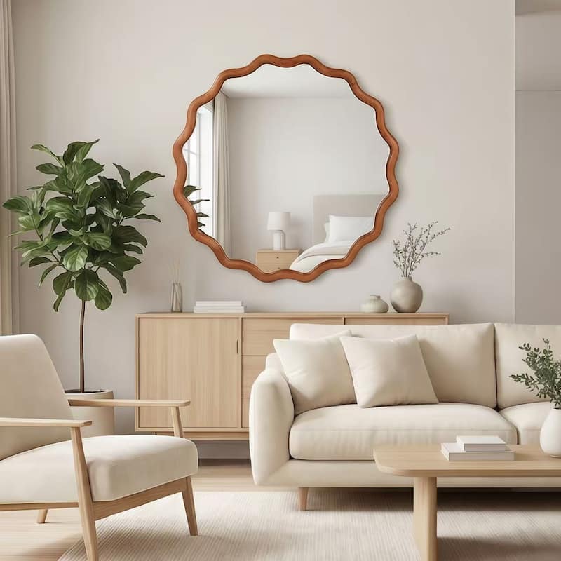 24 inch Wavy Round Solid Wood Frame Decorative Mirror