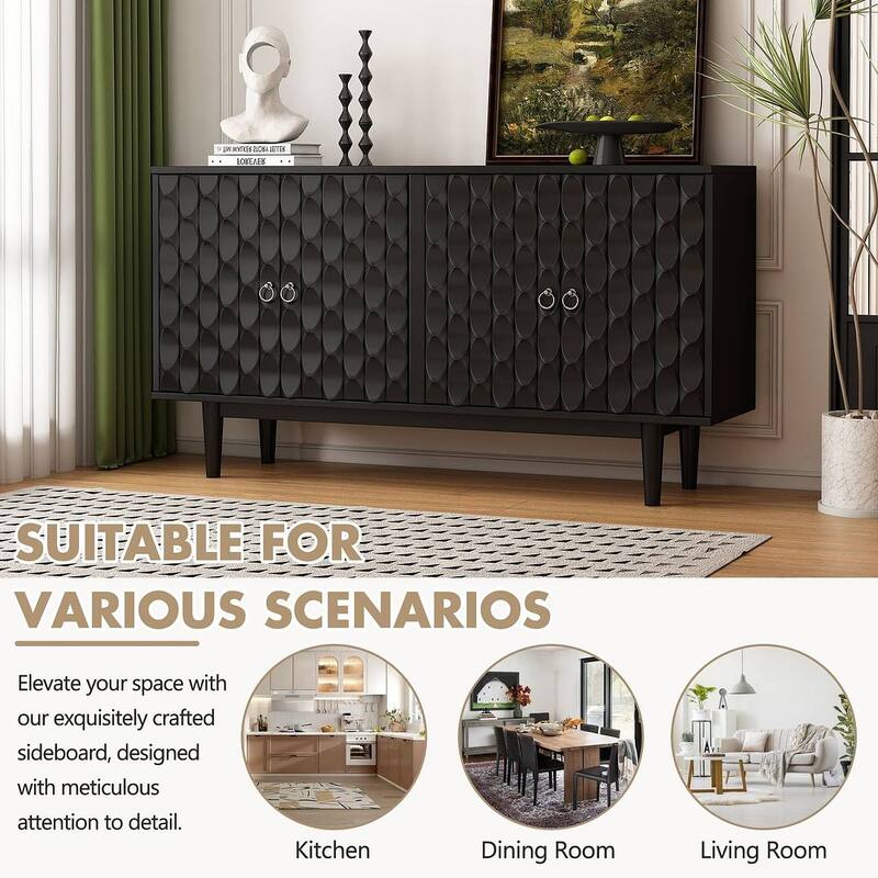 60" Modern 4-Door with Convex Pattern Doors and Silver Handles Buffet/Sideboard