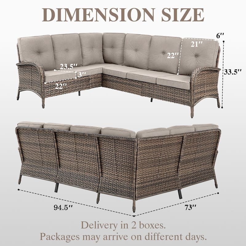 Outdoor Sectional Sofa with Cushion Funiture Set - Brwon Wicker Beige Cushion - 2PCS Sectional Sofa
