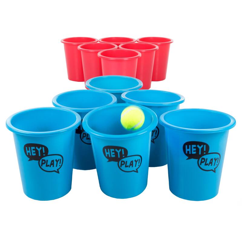 Giant Yard Pong Outdoor Game Set for the Whole Family – 12 Buckets, 2 Balls, and Carrying Tote by Hey! Play!