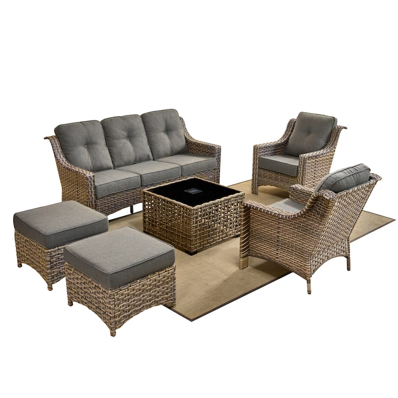 OVIOS 6 Pieces Outdoor Wicker Set With Solar-Powered Table